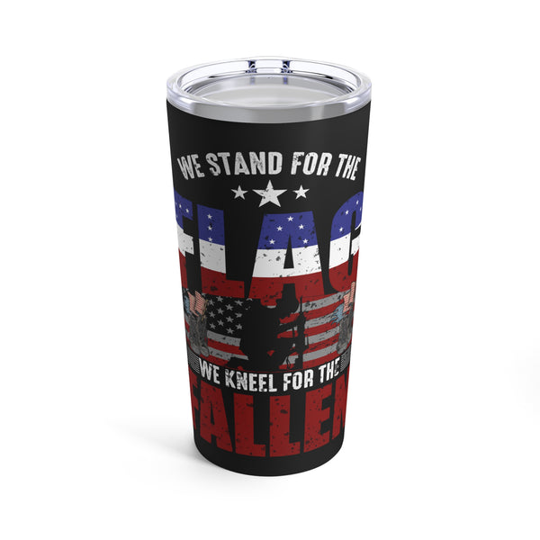 Patriotic Tribute Tumbler: 20oz Military Design - Standing Strong for the Flag, Kneeling in Remembrance of the Fallen