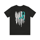 Courage Unveiled: Distressed US Flag with Teal Ribbon PTSD T-Shirt