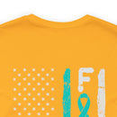 Courage Unveiled: Distressed US Flag with Teal Ribbon PTSD Cotton T-Shirt