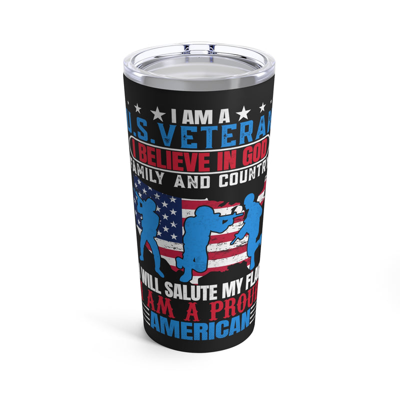 Proud American Veteran: 20oz Black Military Design Tumbler - 'Believer, Saluter, Follower of Freedom'