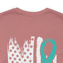 Courage Unveiled: Distressed US Flag with Teal Ribbon PTSD T-Shirt