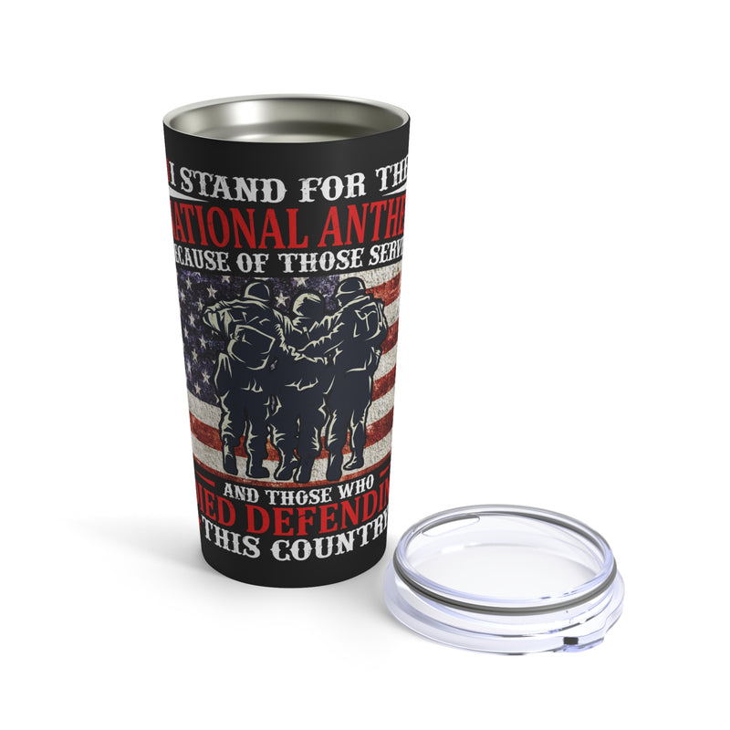 Defending Our Anthem: 20oz Black Military Design Tumbler - 'Standing for Service and Sacrifice'