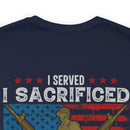 Proud Army Veteran Military Design T-Shirt - 'I Served, I Sacrificed, I Regret Nothing'