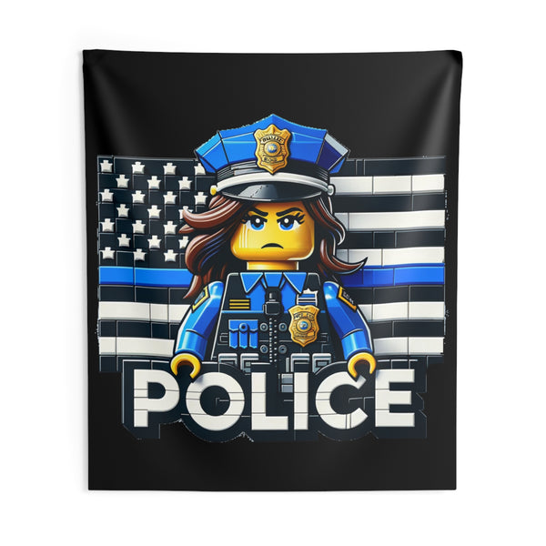 Block Female Police Officer and Police Flag Tapestry