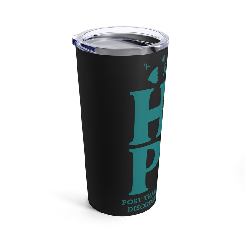 Radiating Strength and Hope: 20oz Tumbler in Black with Teal Sunflower for PTSD Awareness