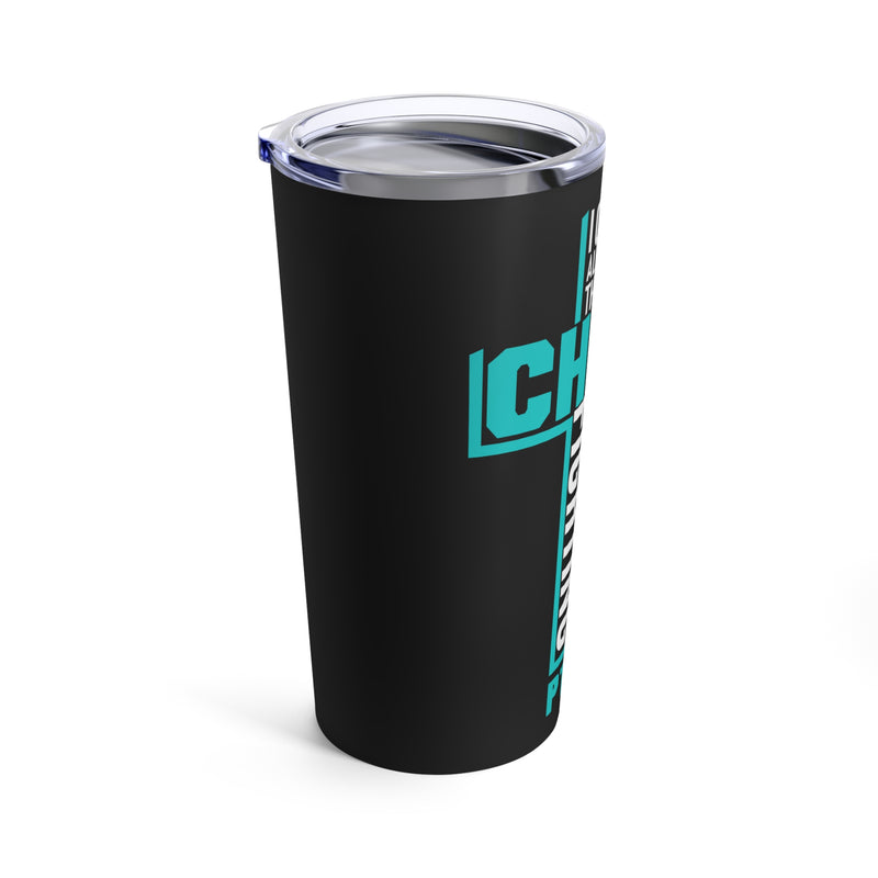 Empowerment in Faith: 20oz Tumbler - Blue Cross & Black Background - 'I Can Do All Things Through Christ' - A Tribute to PTSD Warriors"