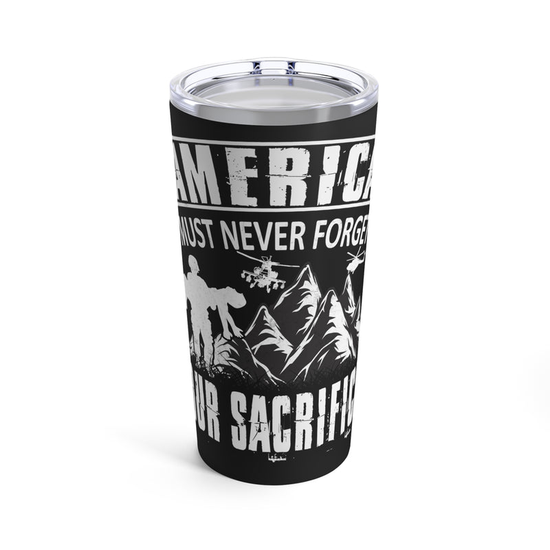 Remembering Our Heroes: 20oz Black Military Design Tumbler - America Must Never Forget