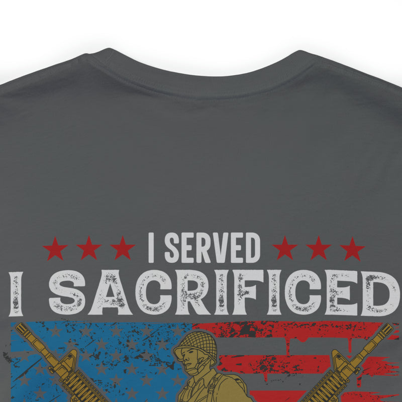 Proud Army Veteran Military Design T-Shirt - 'I Served, I Sacrificed, I Regret Nothing'