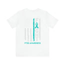 Courage Unveiled: Distressed US Flag with Teal Ribbon PTSD Cotton T-Shirt