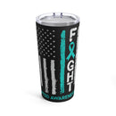 Strength and Resilience: 20oz Tumbler with Black Background, 'PTSD Warrior' Text, US Flag, and Teal Ribbon
