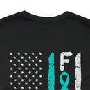 Courage Unveiled: Distressed US Flag with Teal Ribbon PTSD Cotton T-Shirt