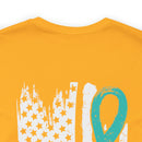 Courage Unveiled: Distressed US Flag with Teal Ribbon PTSD T-Shirt