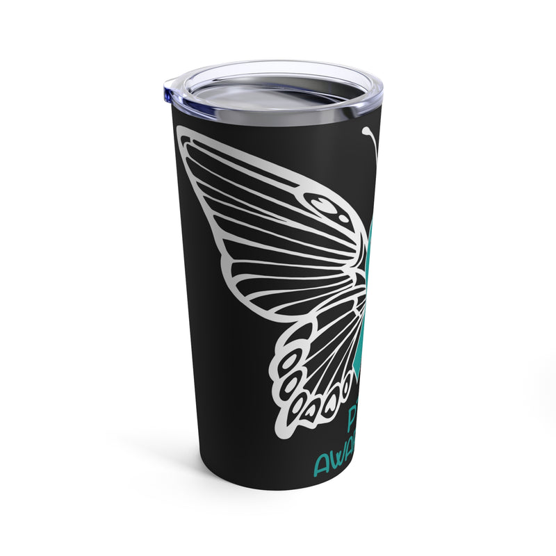 Raising Hope and Awareness: 20oz Tumbler with Black Background and 'PTSD Apparel Butterfly Teal Ribbon