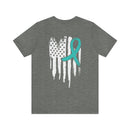 Courage Unveiled: Distressed US Flag with Teal Ribbon PTSD T-Shirt