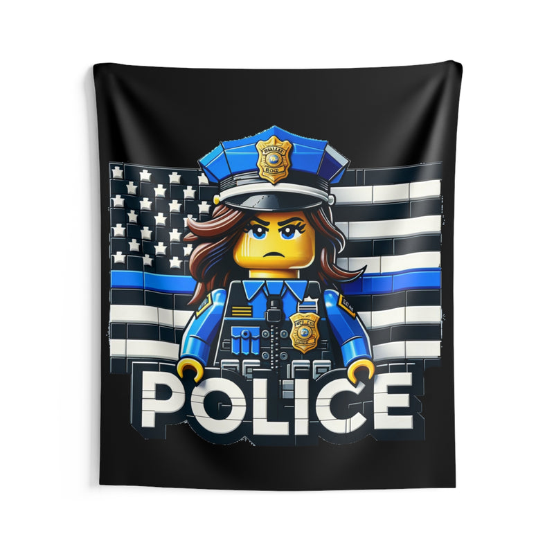 Block Female Police Officer and Police Flag Tapestry