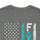 Courage Unveiled: Distressed US Flag with Teal Ribbon PTSD Cotton T-Shirt