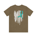Courage Unveiled: Distressed US Flag with Teal Ribbon PTSD T-Shirt