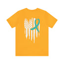 Courage Unveiled: Distressed US Flag with Teal Ribbon PTSD T-Shirt