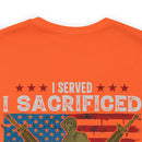 Proud Army Veteran Military Design T-Shirt - 'I Served, I Sacrificed, I Regret Nothing'