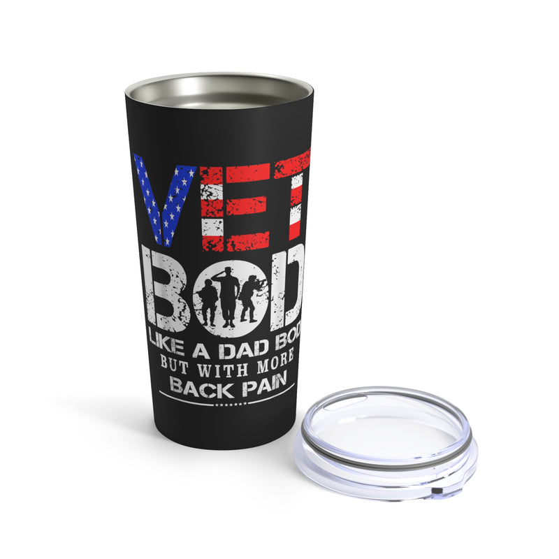 Warrior's Strength: 20oz Black Tumbler with Military Design - 'Vet Bod: Like a Bad Bod, But with More Back Pain