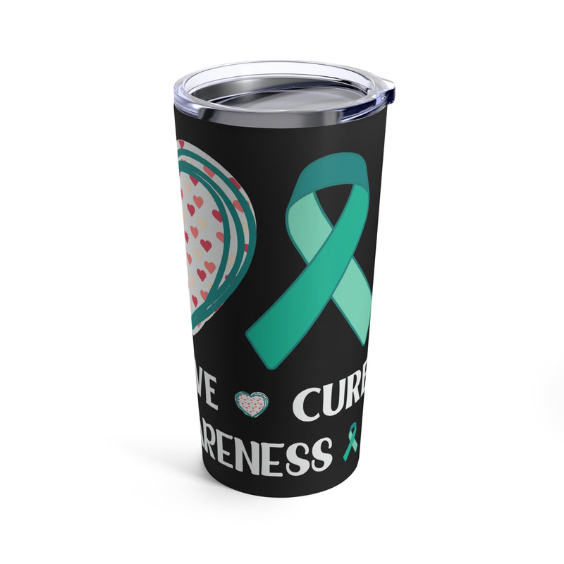 Awareness in Every Sip: 20oz Tumbler Embraces Peace, Love, and the Journey to Cure PTSD on a Black Canvas