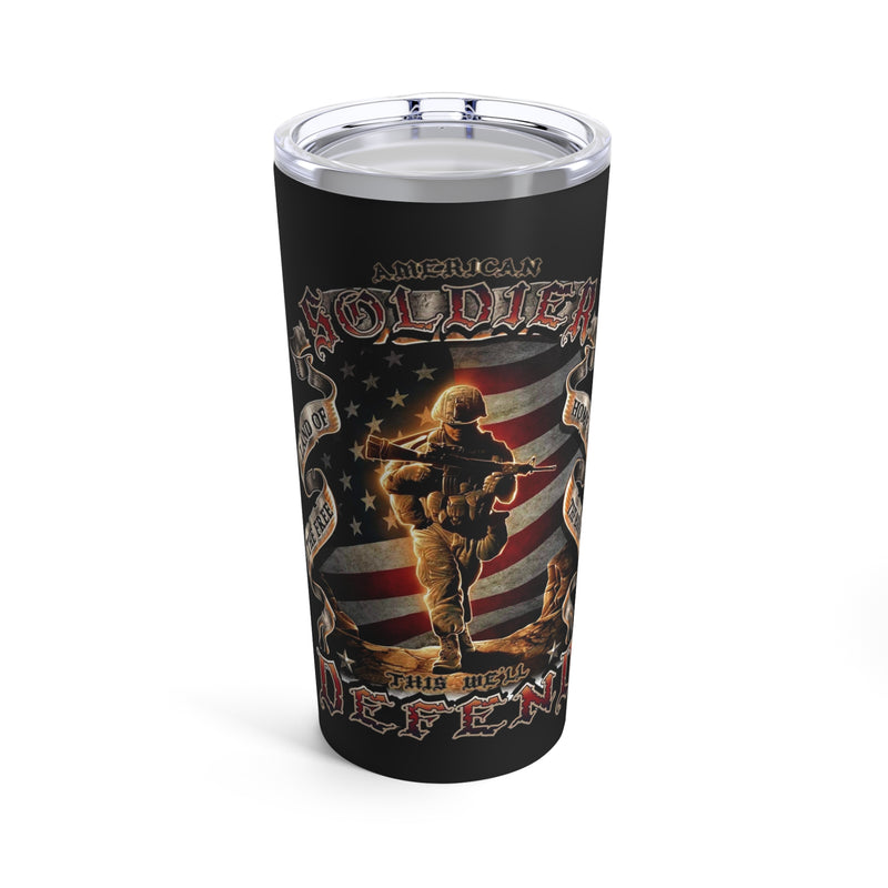 Defending Freedom: 20oz Black Tumbler with Military Design - 'American Soldier Land Of The Free