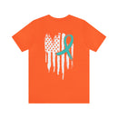 Courage Unveiled: Distressed US Flag with Teal Ribbon PTSD T-Shirt