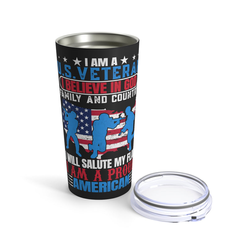 Proud American Veteran: 20oz Black Military Design Tumbler - 'Believer, Saluter, Follower of Freedom'