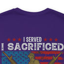 Proud Army Veteran Military Design T-Shirt - 'I Served, I Sacrificed, I Regret Nothing'