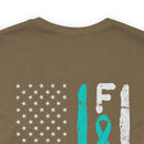 Courage Unveiled: Distressed US Flag with Teal Ribbon PTSD Cotton T-Shirt