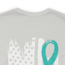 Courage Unveiled: Distressed US Flag with Teal Ribbon PTSD T-Shirt