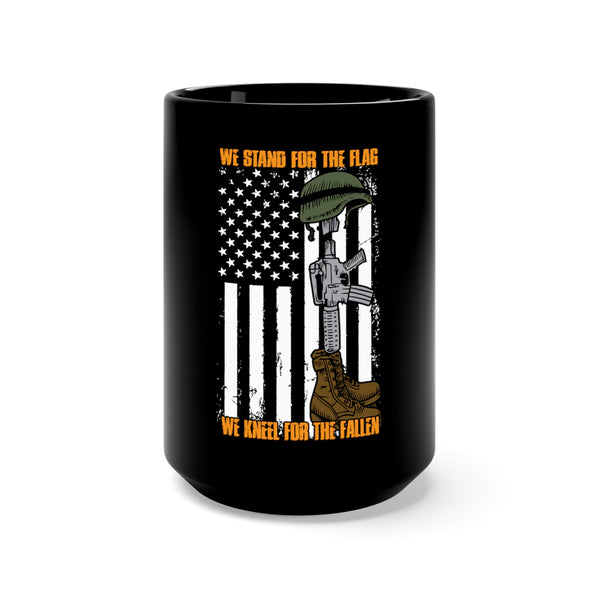 Unwavering Honor: 15oz Black Mug with Military Design - 'We Stand for the Flag, We Kneel for the Fallen