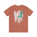 Courage Unveiled: Distressed US Flag with Teal Ribbon PTSD T-Shirt