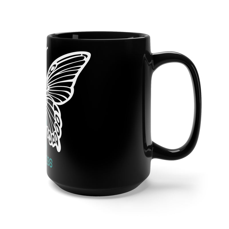 Butterfly Teal Ribbon: Black Mug 15oz - Support for PTSD Awareness