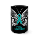Butterfly Teal Ribbon: Black Mug 15oz - Support for PTSD Awareness
