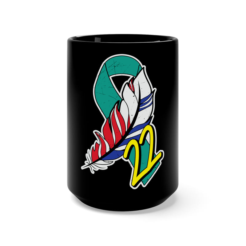 Vibrant Healing: 15oz Black Mug Colorful Feathered Mug for PTSD Awareness