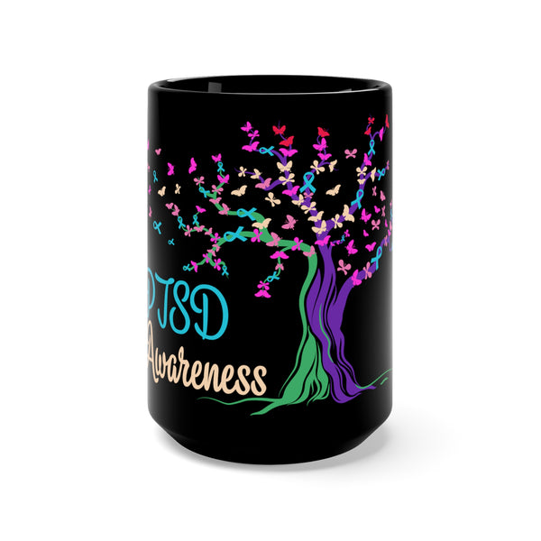 Raise Awareness with the Tree Ribbon PTSD Awareness Black Mug - 15oz