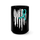 PTSD Awareness Teal Ribbon Distressed US Flag Black Mug - 15oz