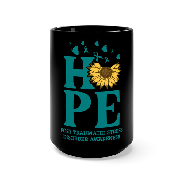 Hope Blooms: PTSD Awareness Teal Sunflower Black Mug 15oz