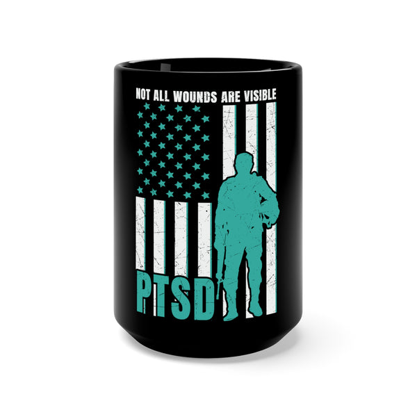Recognize Invisible Wounds: Veteran PTSD Awareness Black Mug - 15oz