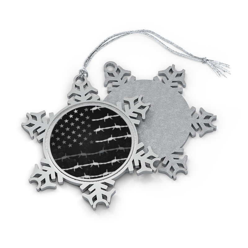 Thin Gray Line Barbed Wire Flag Pewter Snowflake Ornament.