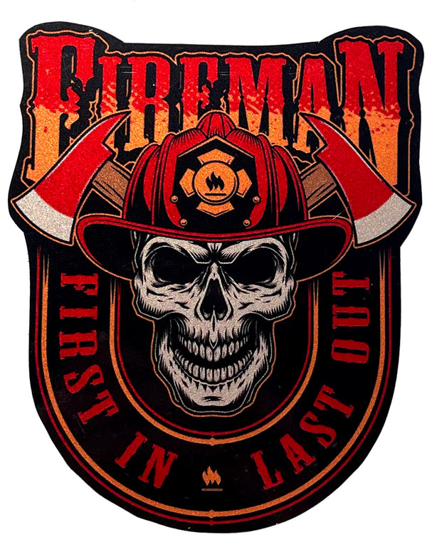 First In Last Out Fireman Decal-Firefighter Skull With Helmet.