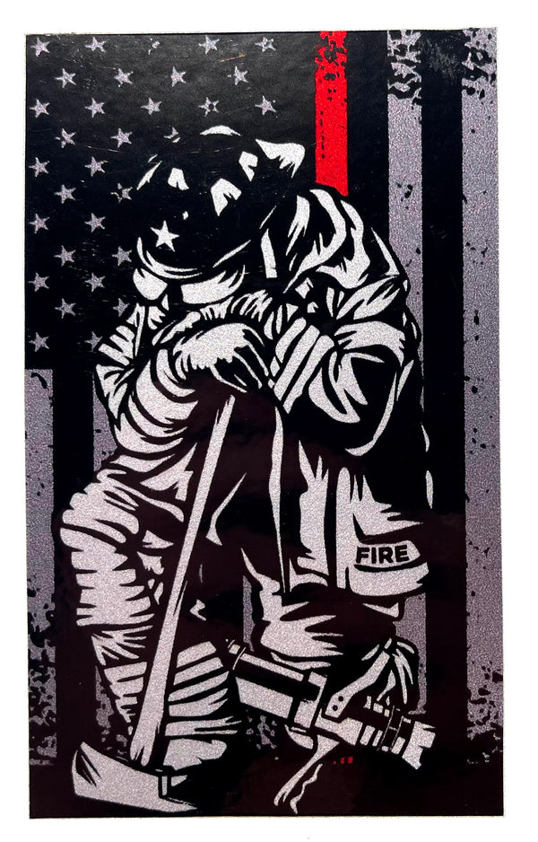 Distressed American Flag Decal-Firefighter Kneeling.