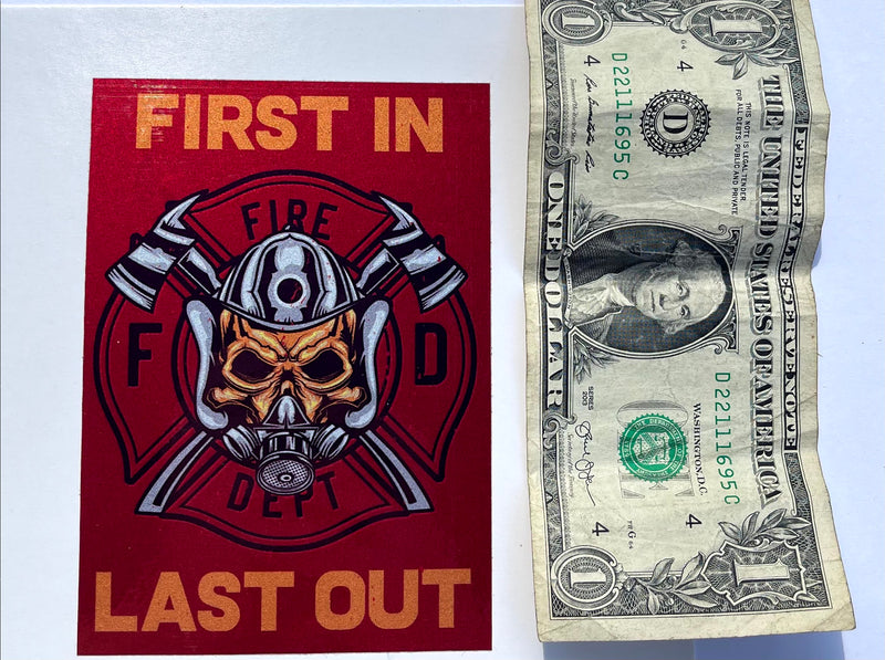 First In Last Out Decal-Firefighter Skull With Cross Axes.