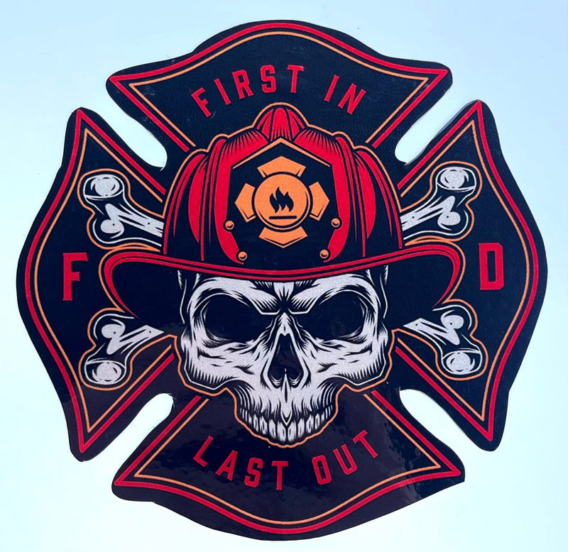 First In Last Out Decal-Firefighter Skull.