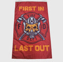 Firefighter Flag-Fireman Skull Metal Crossed Axes-First In Last Out.