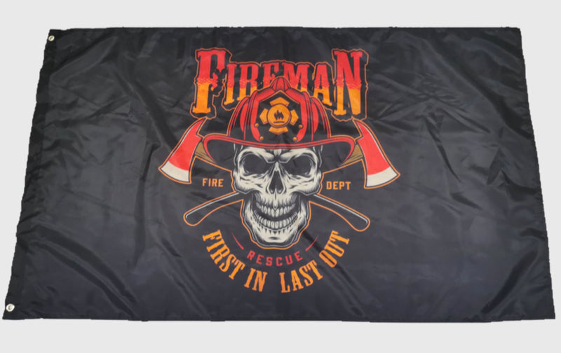 Firefighter Flag-Fireman Skull First in Last Out Flag.