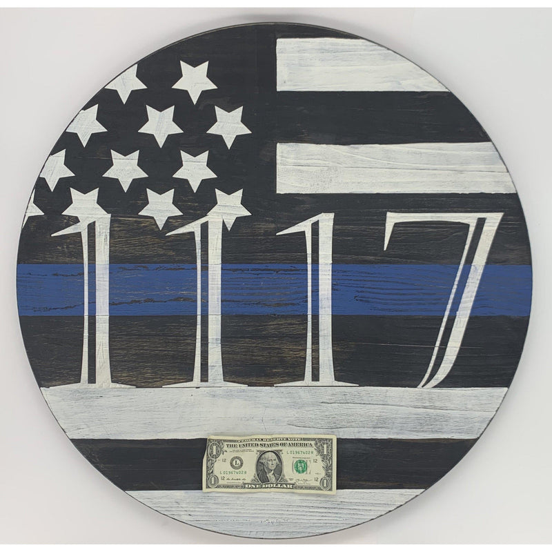 Wooden Thin Blue Line Flag-Your Badge Number.